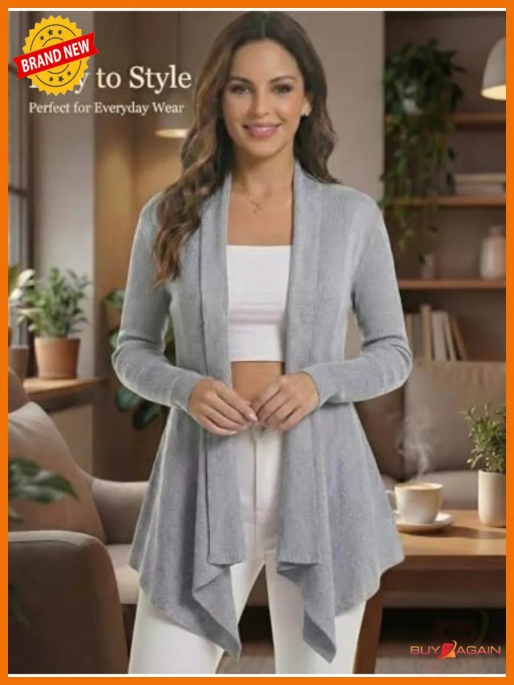 Women's Ribbed Knit Open Front Draped Cardigan Long Sleeve Asymmetrical Hem